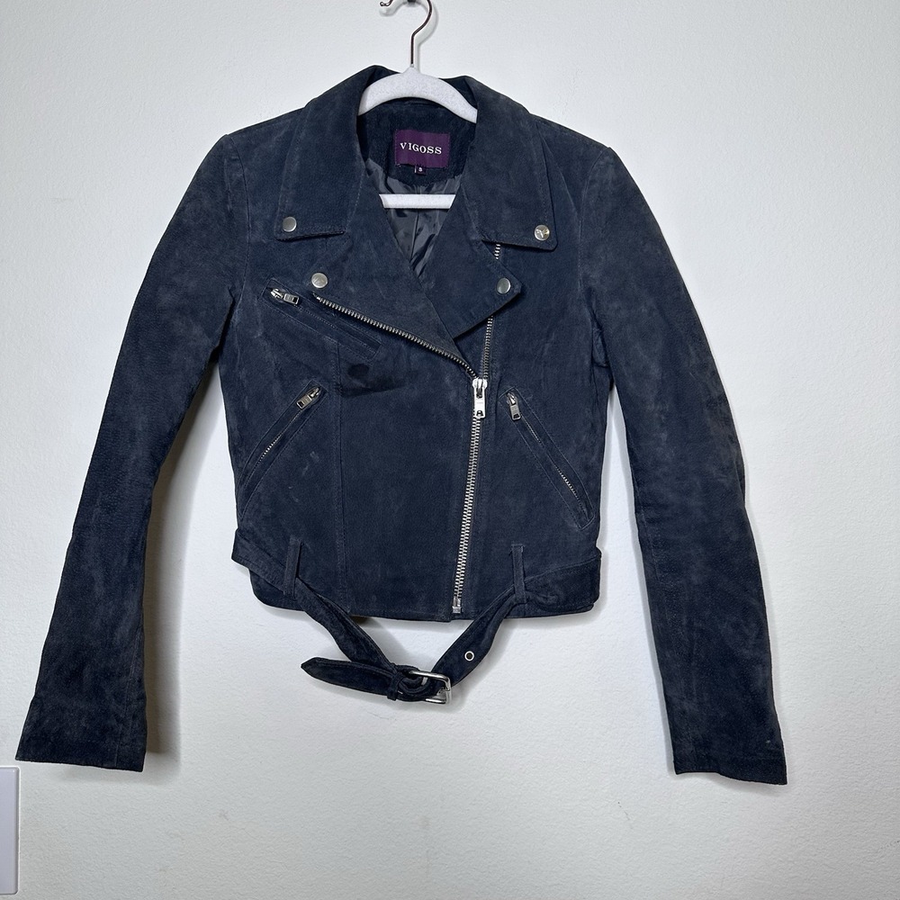 Vigoss Womens S Leather Suede Gray Moto Biker Jacket Zippers Short Belted Grunge